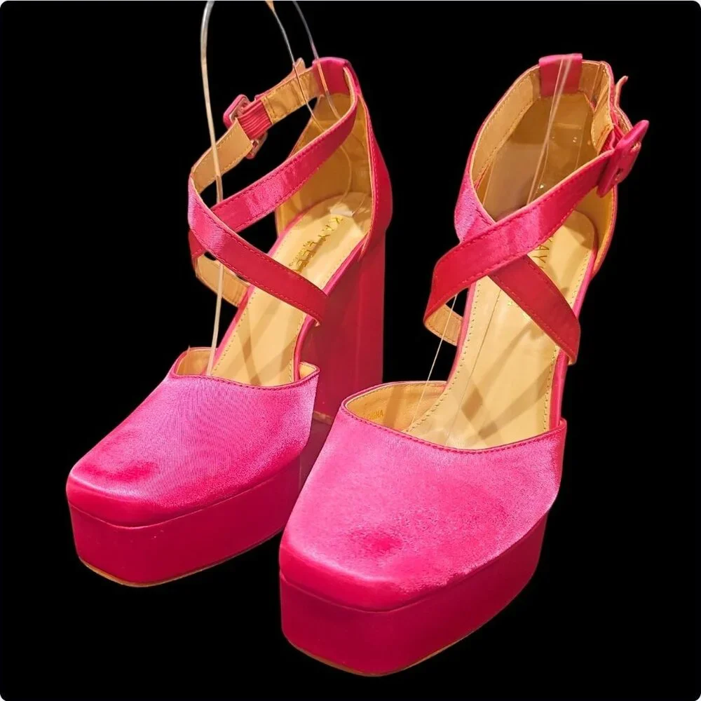Bright Fuchsia Satin Platform High Heel Ankle Strap Pumps